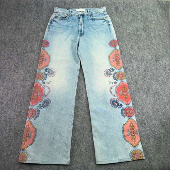 MOTHER Denim - MOTHER Light Blue Denim Wide-Leg Jeans with Pink & Red Floral Panels